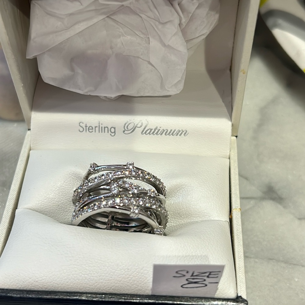 Platinum Bonded Sterling Silver Cubic Zirconia Ring-Size 8